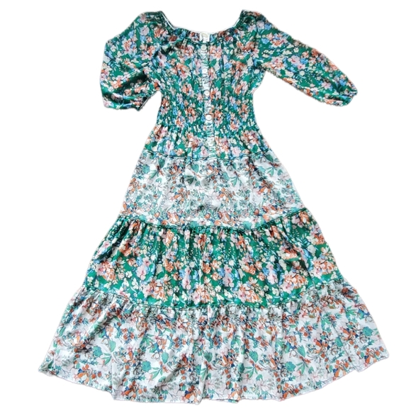 fig and flower Dresses & Skirts - Fig And Flower Green Floral Smock Long Sleeve Tiered Pink Maxi Dress Large